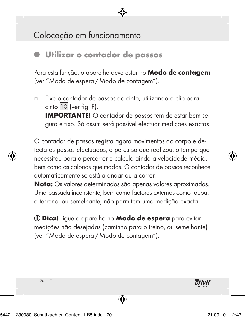 Colocação em funcionamento, Utilizar o contador de passos | Crivit Z30080 User Manual | Page 68 / 102