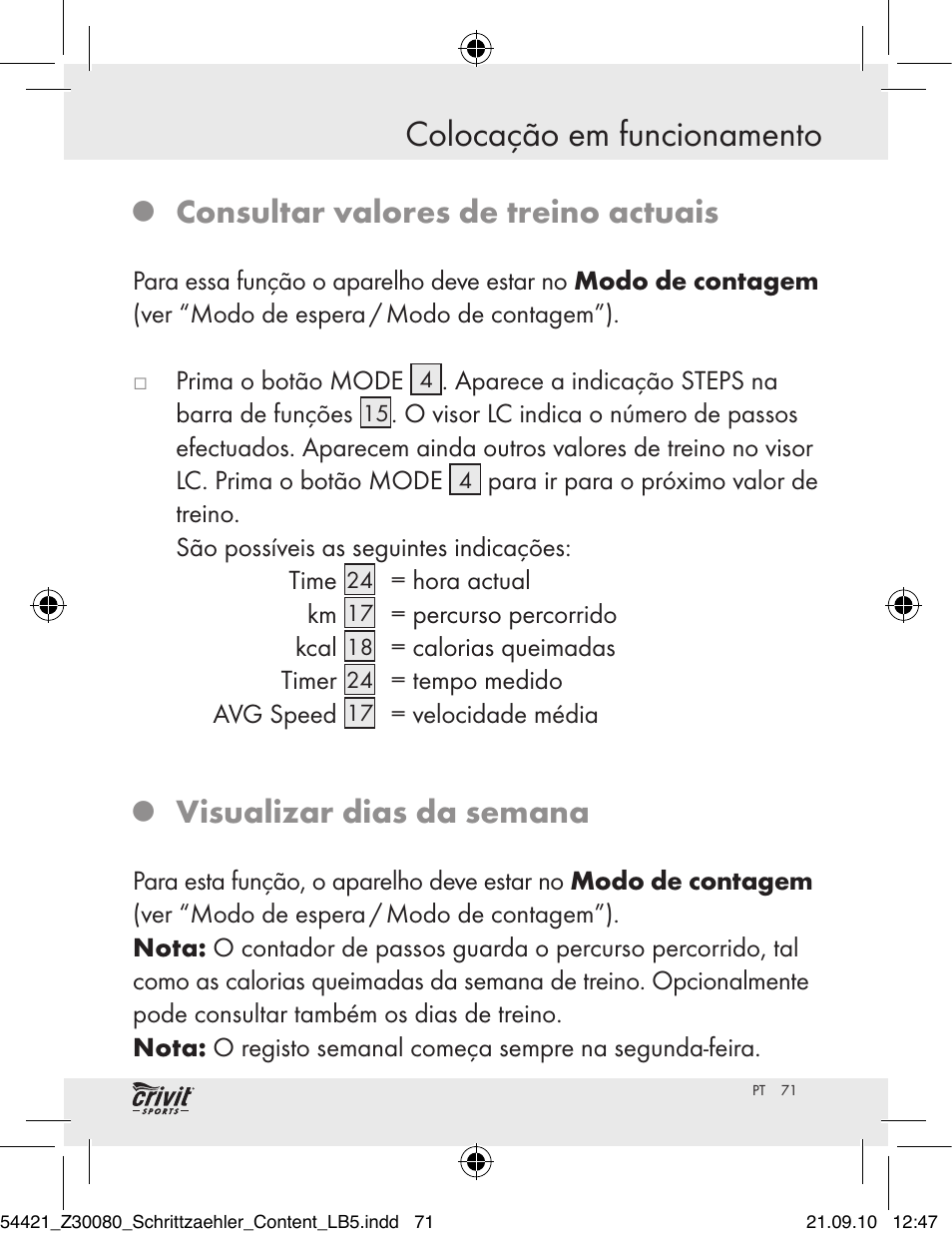 Colocação em funcionamento, Consultar valores de treino actuais, Visualizar dias da semana | Crivit Z30080 User Manual | Page 69 / 102