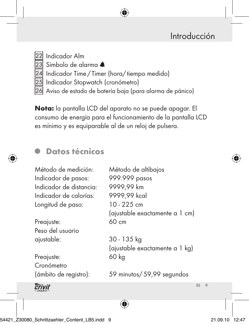 Introducción, Datos técnicos | Crivit Z30080 User Manual | Page 7 / 102