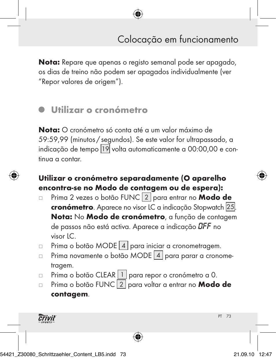 Colocação em funcionamento, Utilizar o cronómetro | Crivit Z30080 User Manual | Page 71 / 102