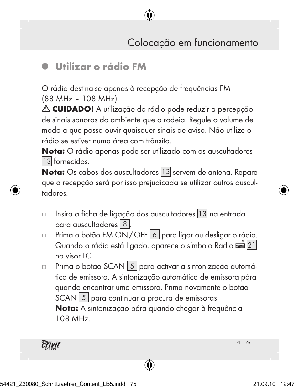 Colocação em funcionamento, Utilizar o rádio fm | Crivit Z30080 User Manual | Page 73 / 102