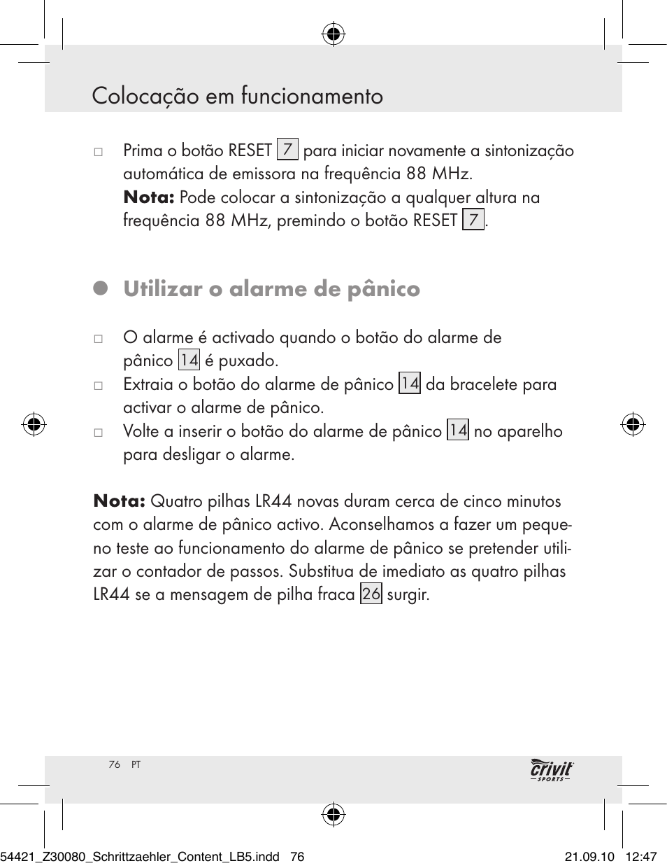 Colocação em funcionamento, Utilizar o alarme de pânico | Crivit Z30080 User Manual | Page 74 / 102