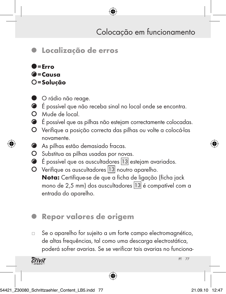 Colocação em funcionamento, Localização de erros, Repor valores de origem | Crivit Z30080 User Manual | Page 75 / 102