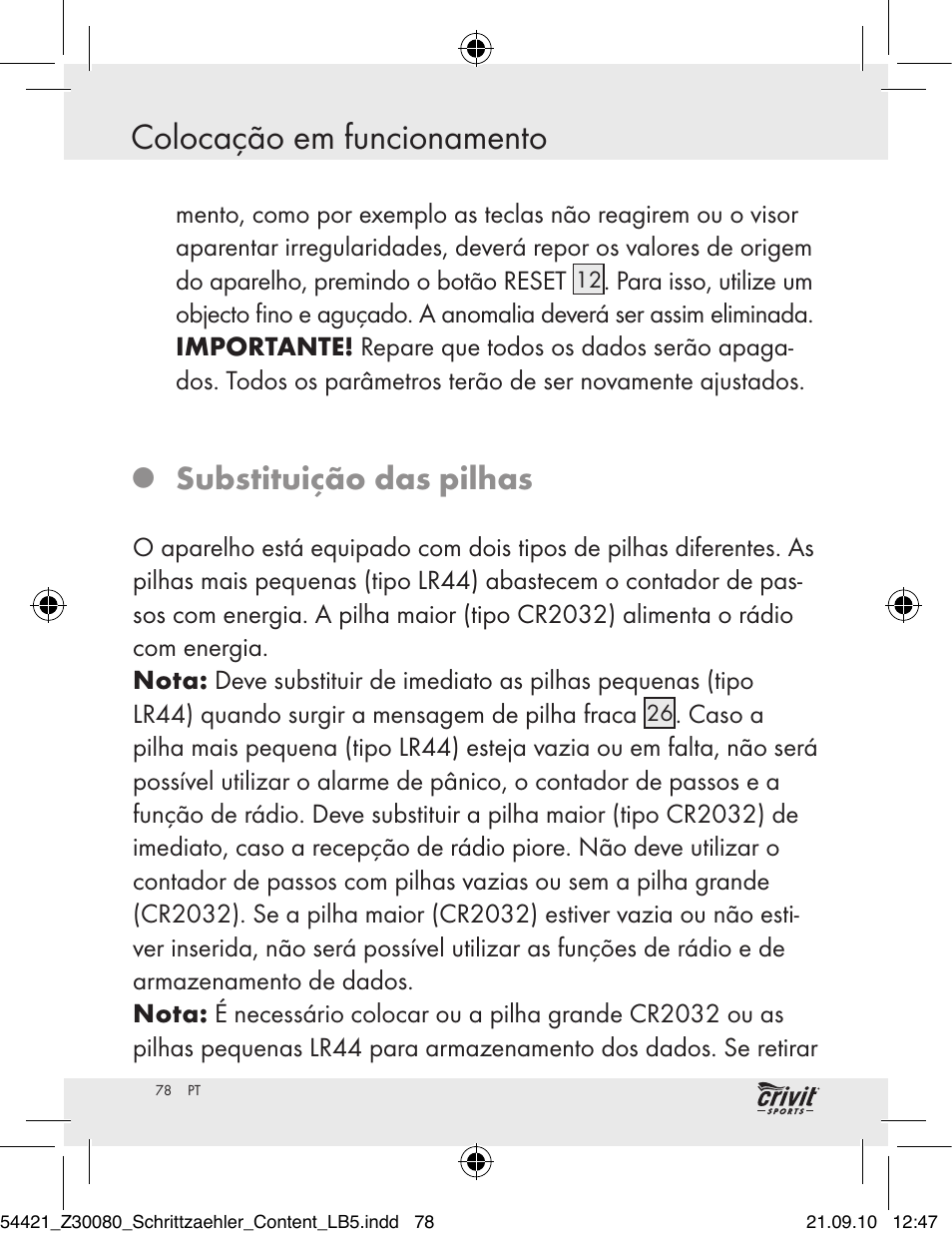 Substituição das pilhas | Crivit Z30080 User Manual | Page 76 / 102