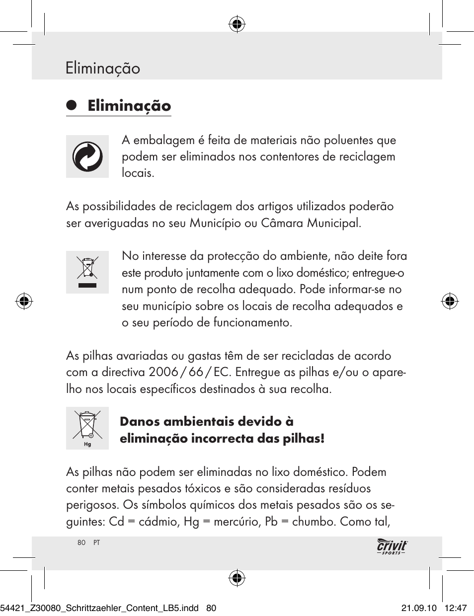 Eliminação | Crivit Z30080 User Manual | Page 78 / 102