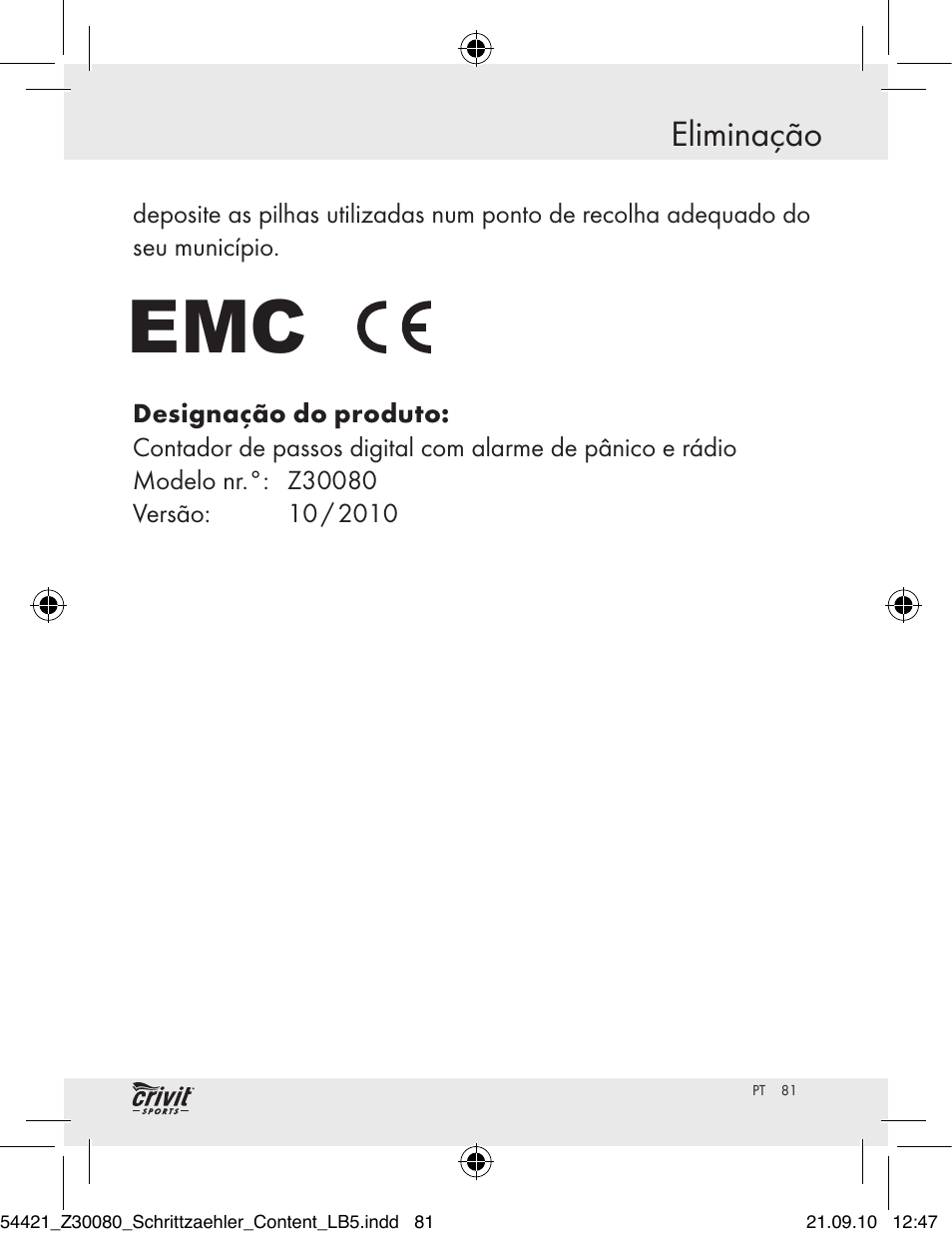 Eliminação | Crivit Z30080 User Manual | Page 79 / 102