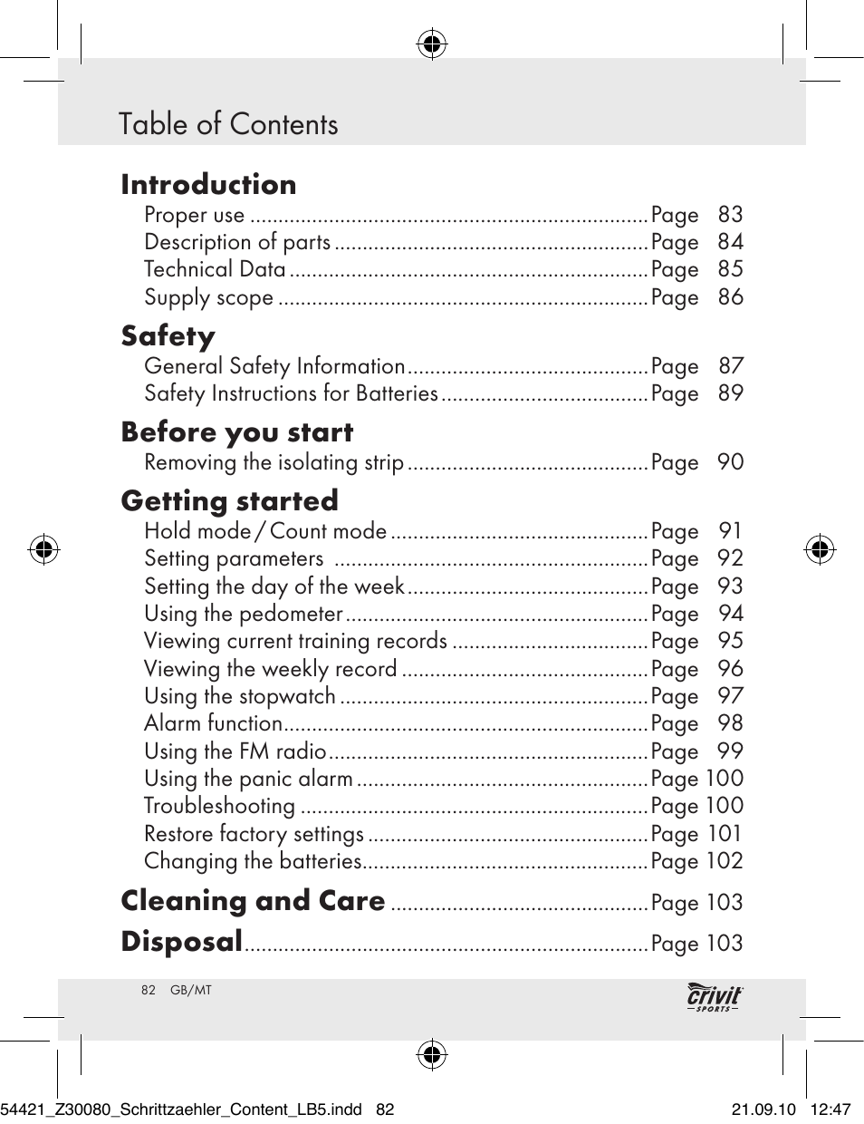 Introduction table of contents, Introduction, Safety | Before you start, Getting started, Cleaning and care, Disposal | Crivit Z30080 User Manual | Page 80 / 102