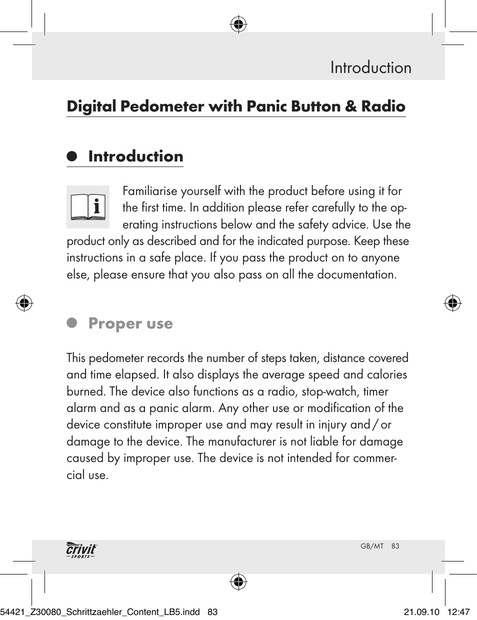 Digital pedometer with panic button & radio, Introduction, Proper use | Crivit Z30080 User Manual | Page 81 / 102