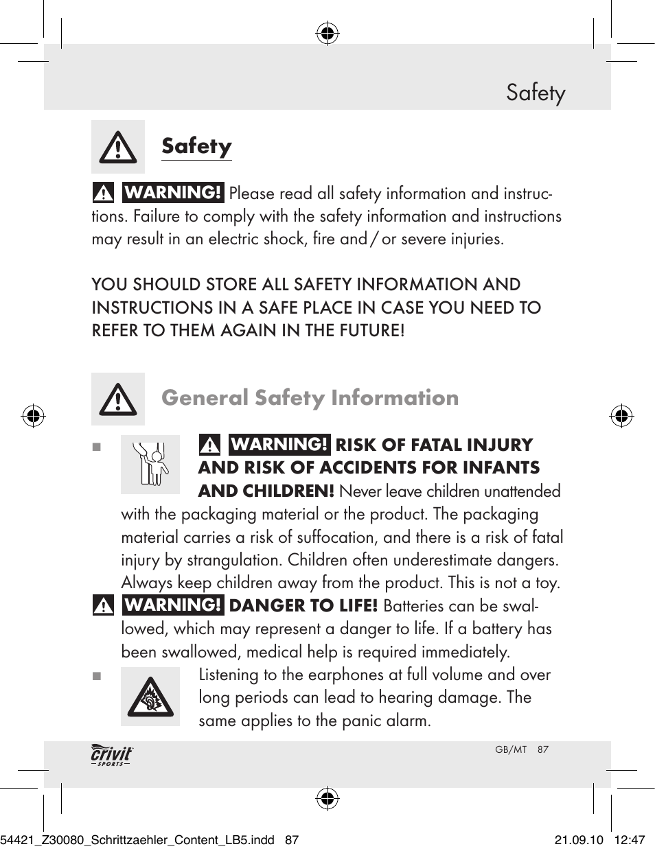 Safety, General safety information | Crivit Z30080 User Manual | Page 85 / 102