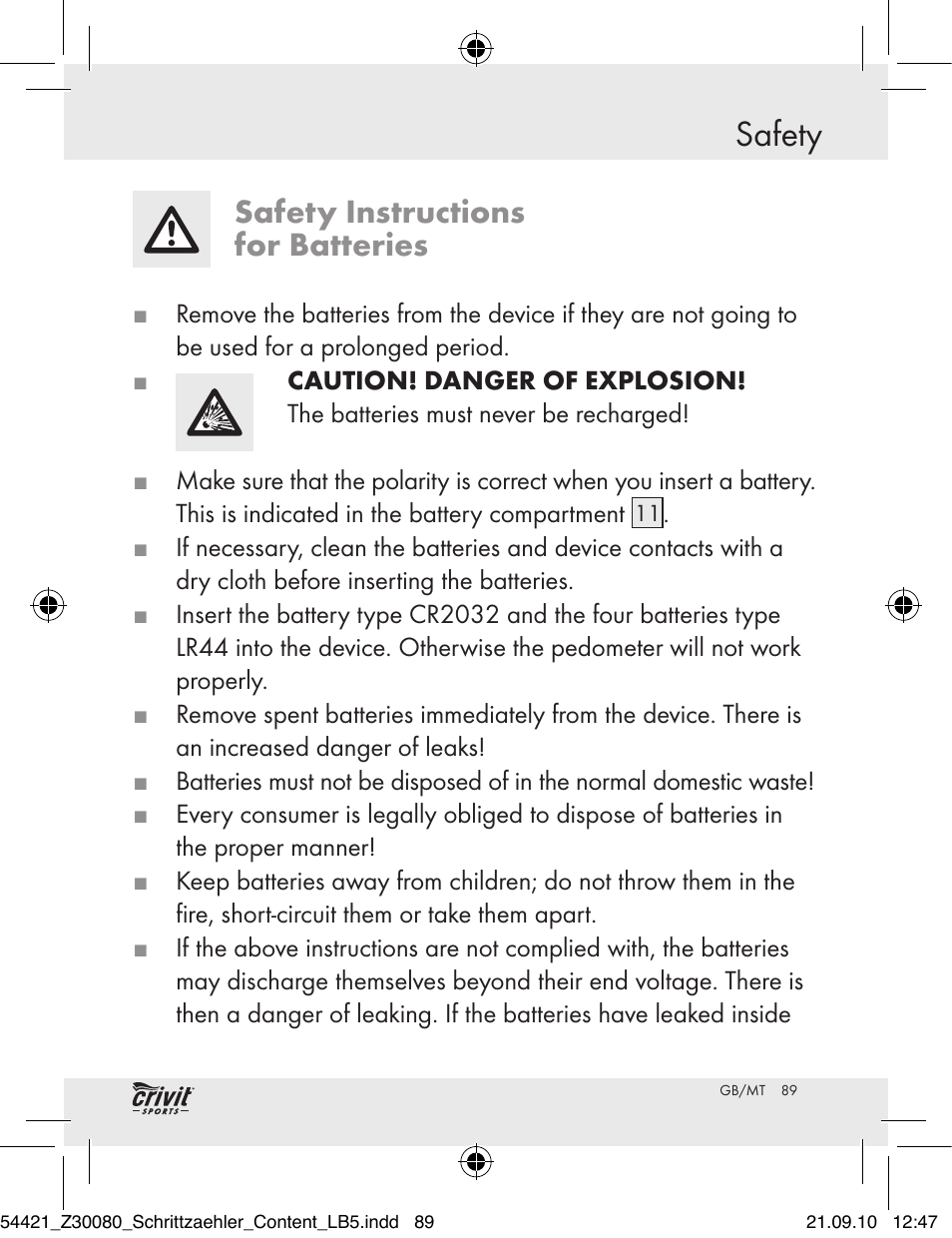 Safety, Safety instructions for batteries | Crivit Z30080 User Manual | Page 87 / 102