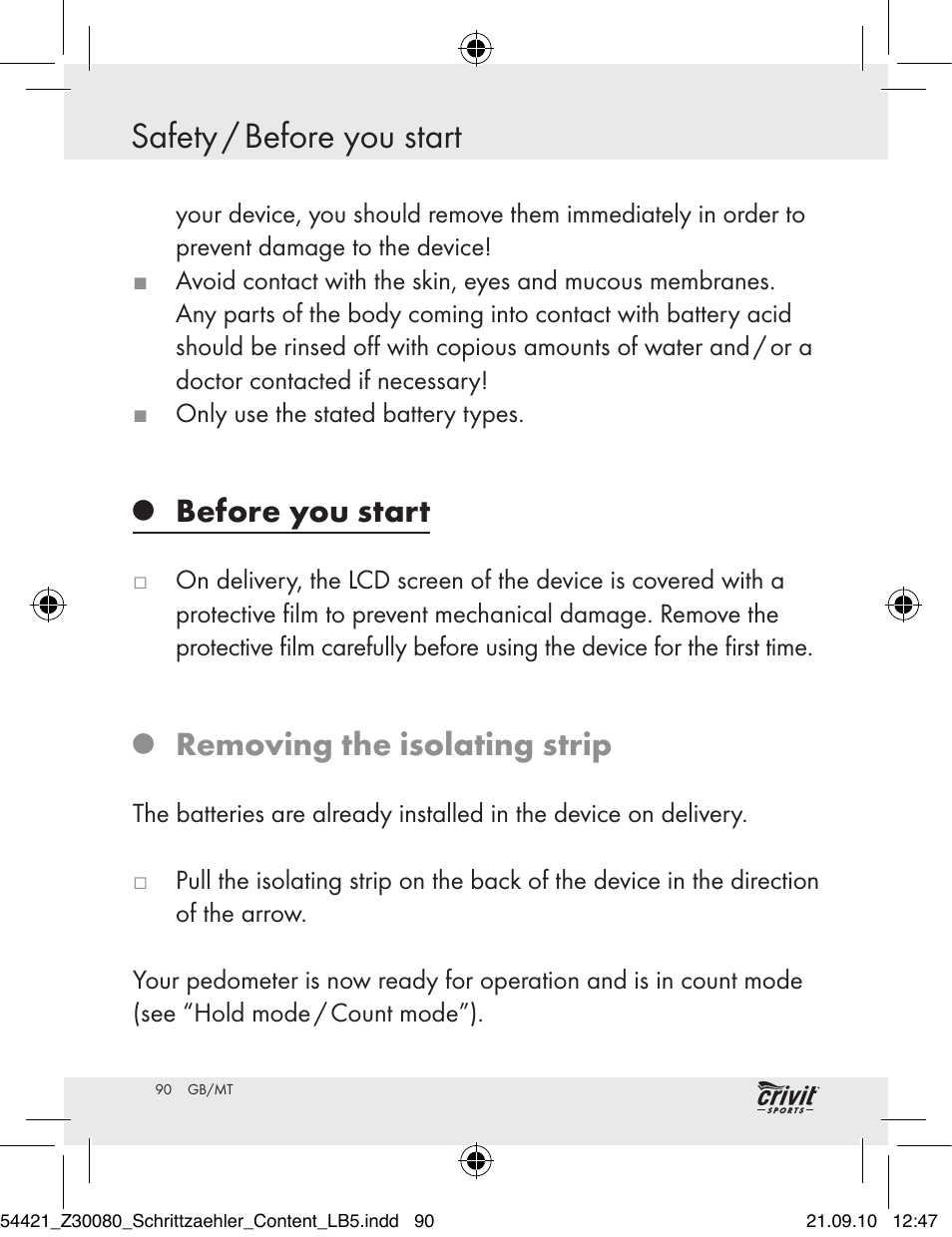 Getting started safety / before you start, Before you start, Removing the isolating strip | Crivit Z30080 User Manual | Page 88 / 102