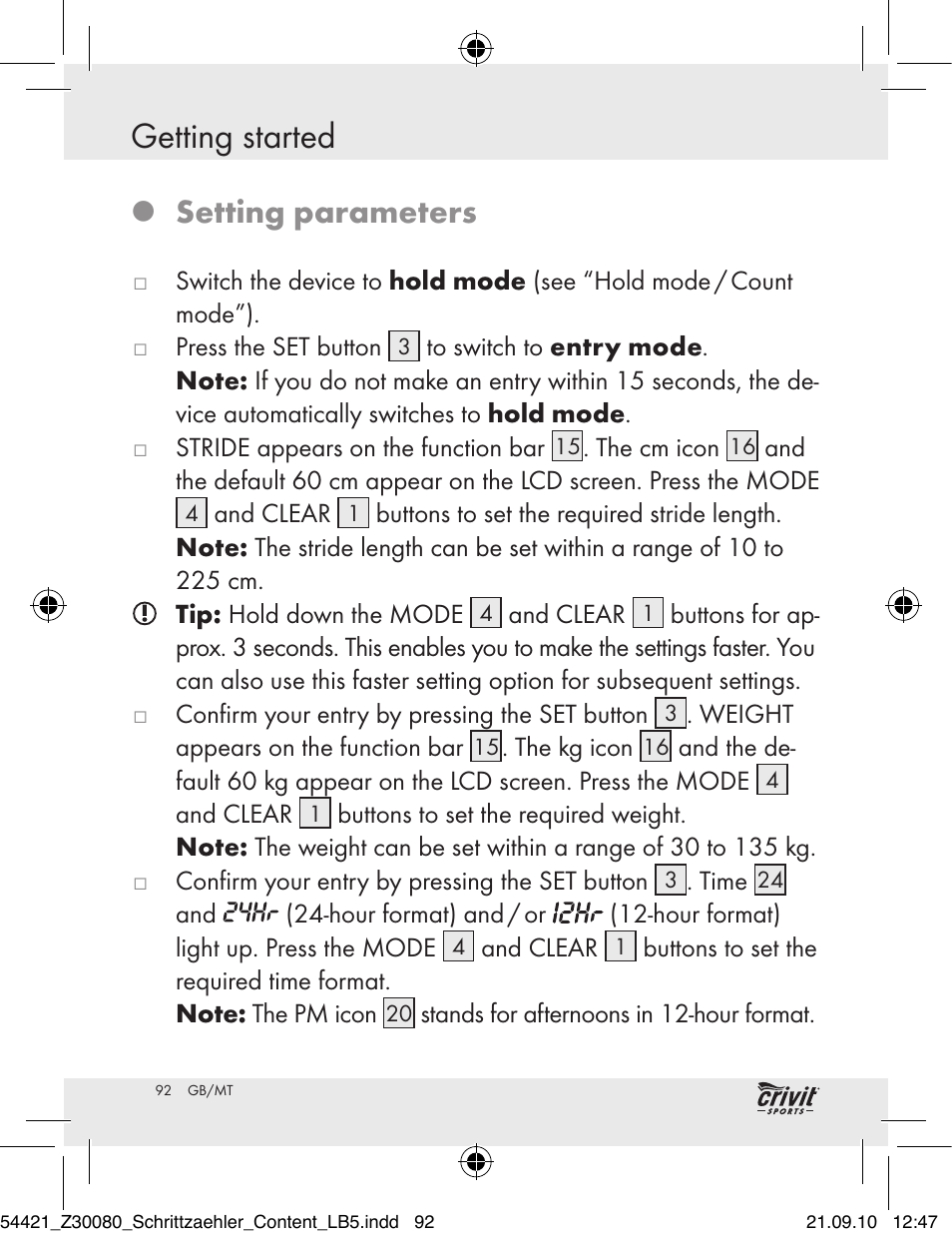 Getting started, Setting parameters | Crivit Z30080 User Manual | Page 90 / 102