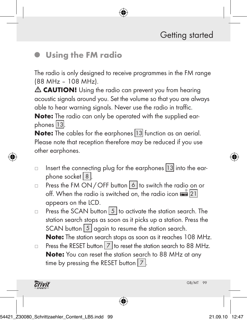 Getting started, Using the fm radio | Crivit Z30080 User Manual | Page 97 / 102