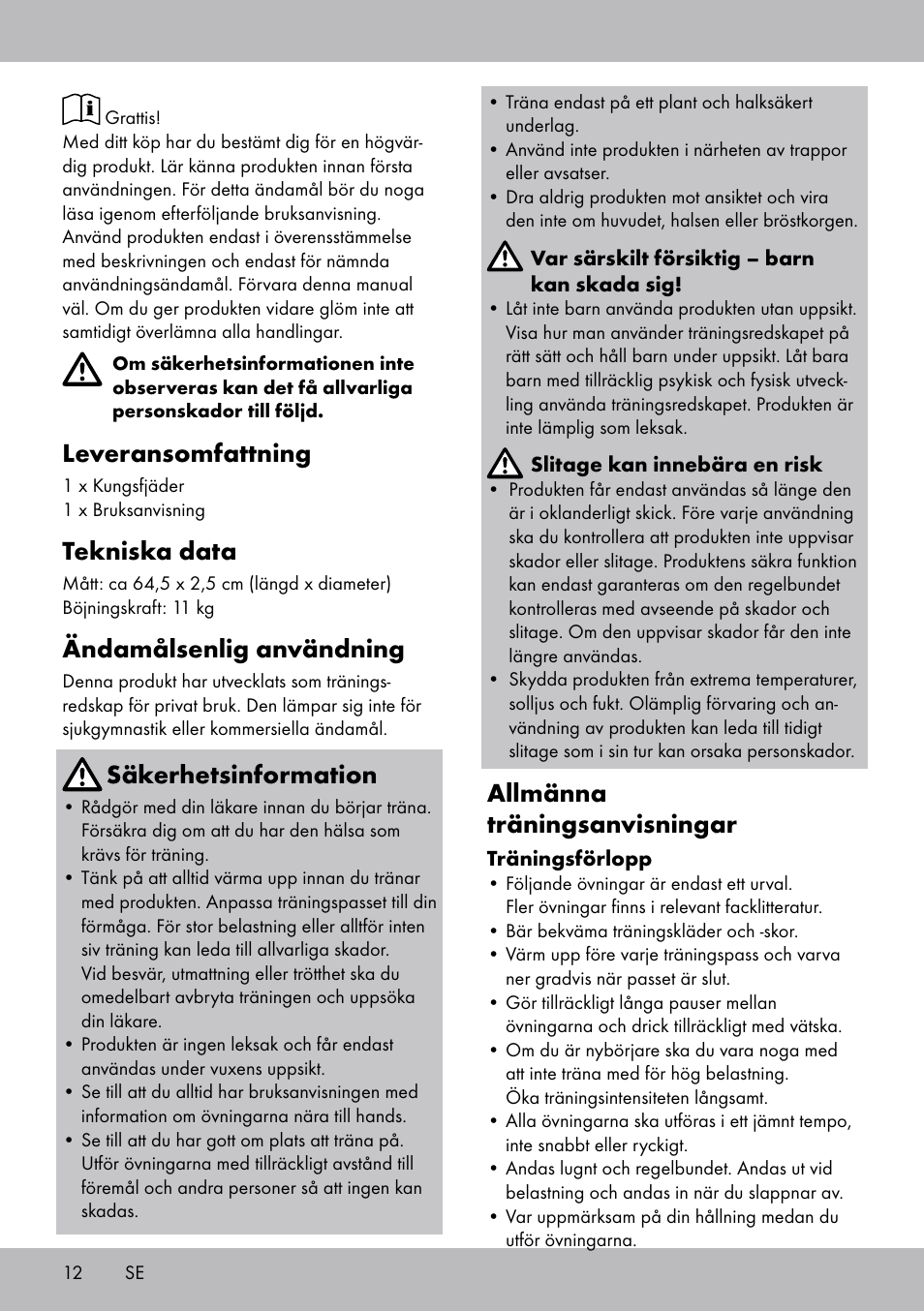 Leveransomfattning, Tekniska data, Ändamålsenlig användning | Säkerhetsinformation, Allmänna träningsanvisningar | Crivit FH-2006 User Manual | Page 12 / 32