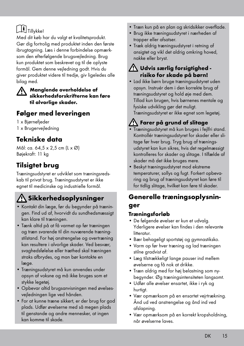 Følger med leveringen, Tekniske data, Tilsigtet brug | Sikkerhedsoplysninger, Generelle træningsoplysnin- ger | Crivit FH-2006 User Manual | Page 15 / 32