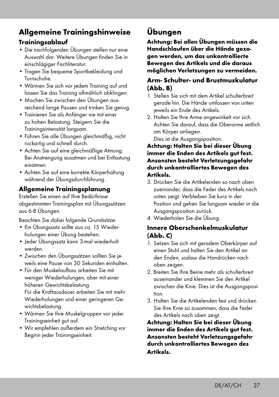 Übungen, Allgemeine trainingshinweise | Crivit FH-2006 User Manual | Page 27 / 32