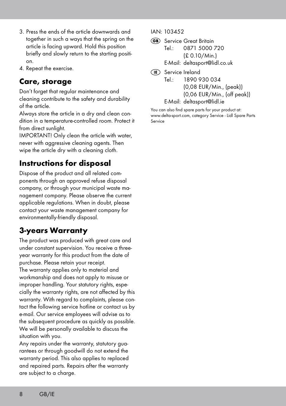 Care, storage, Instructions for disposal, Years warranty | Crivit FH-2006 User Manual | Page 8 / 32