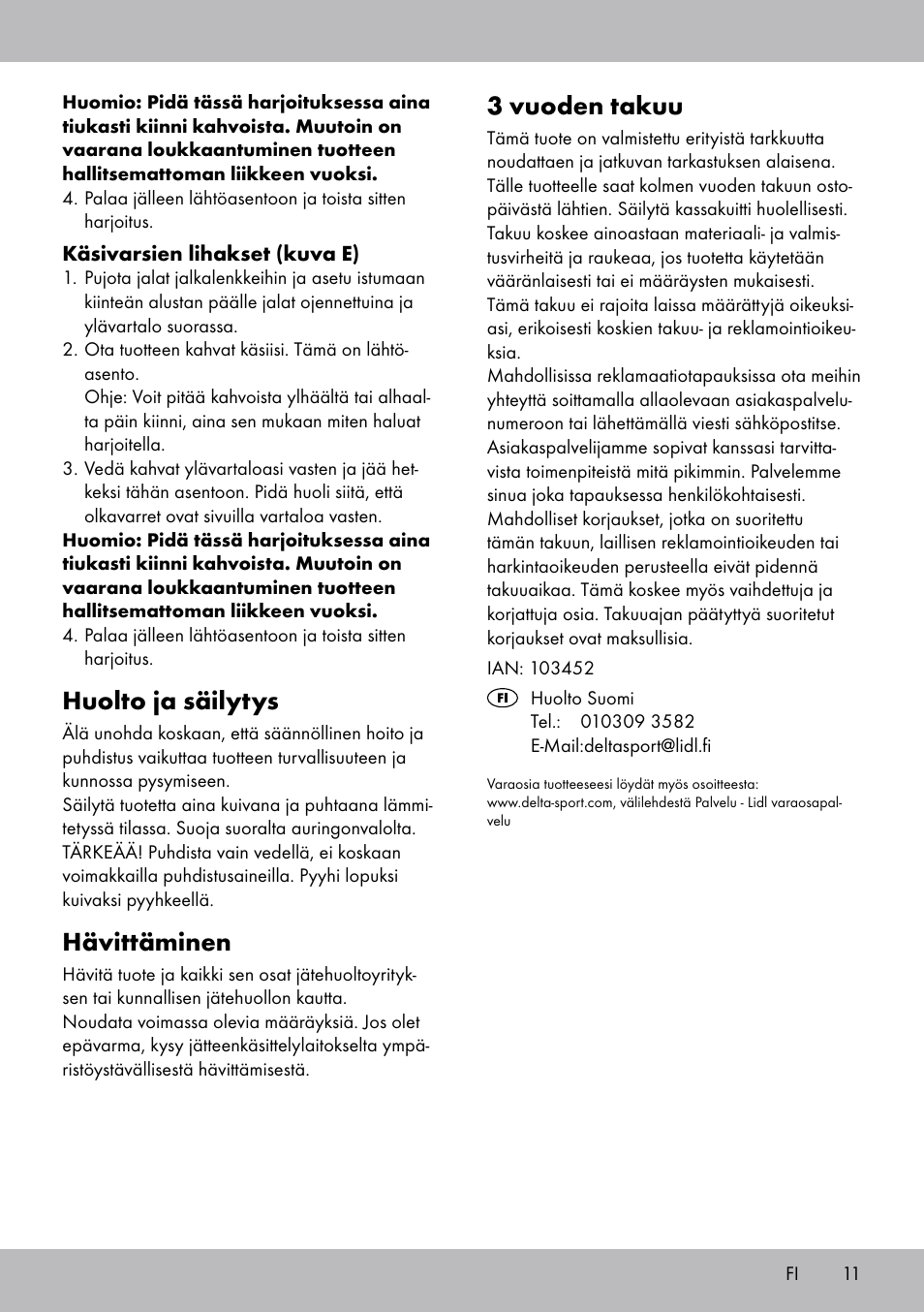 3 vuoden takuu, Huolto ja säilytys, Hävittäminen | Crivit ET-2008 User Manual | Page 11 / 28