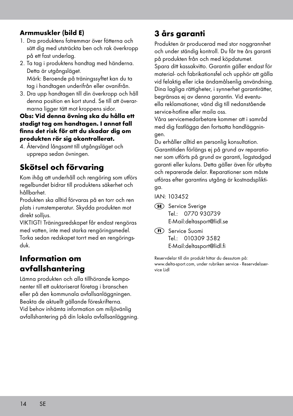 3 års garanti, Skötsel och förvaring, Information om avfallshantering | Crivit ET-2008 User Manual | Page 14 / 28