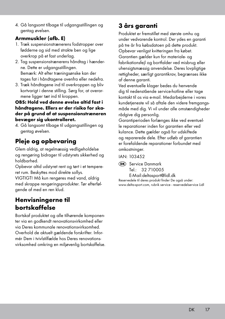 3 års garanti, Pleje og opbevaring, Henvisningerne til bortskaffelse | Crivit ET-2008 User Manual | Page 17 / 28
