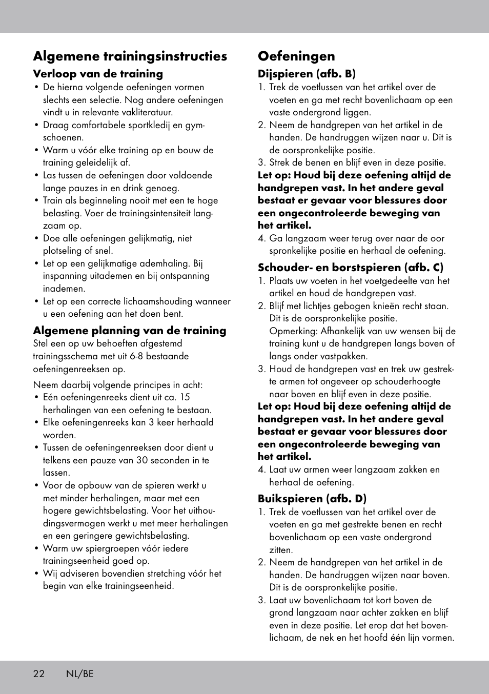 Oefeningen, Algemene trainingsinstructies | Crivit ET-2008 User Manual | Page 22 / 28