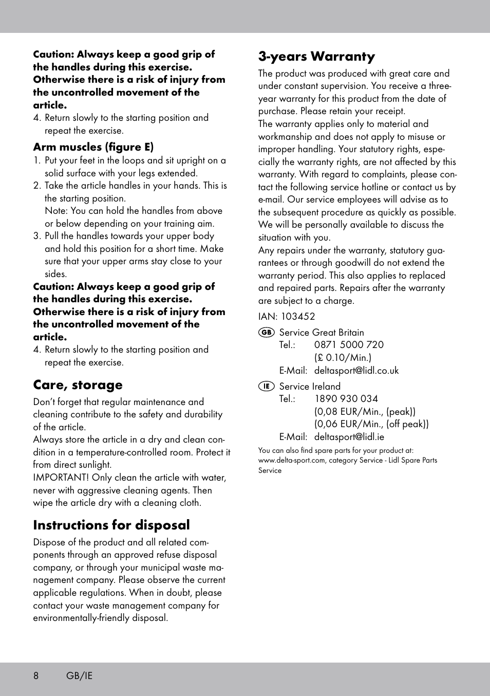 Years warranty, Care, storage, Instructions for disposal | Crivit ET-2008 User Manual | Page 8 / 28