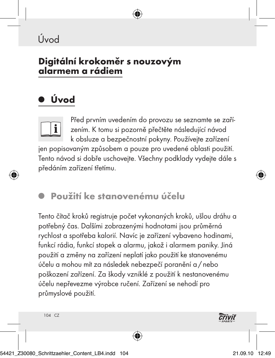Úvod, Digitální krokoměr s nouzovým alarmem a rádiem, Použití ke stanovenému účelu | Crivit Z30080 User Manual | Page 102 / 147