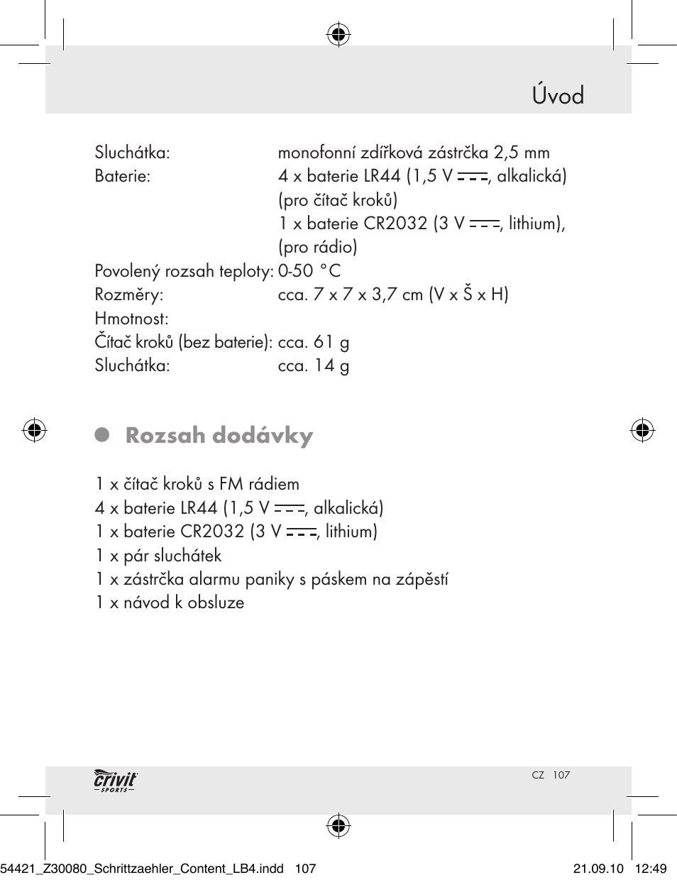Úvod, Rozsah dodávky | Crivit Z30080 User Manual | Page 105 / 147