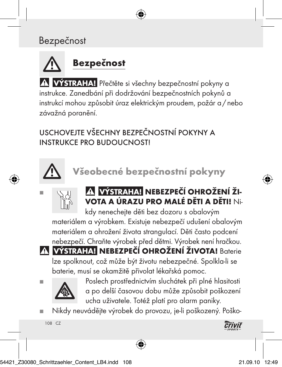Bezpečnost, Všeobecné bezpečnostní pokyny | Crivit Z30080 User Manual | Page 106 / 147
