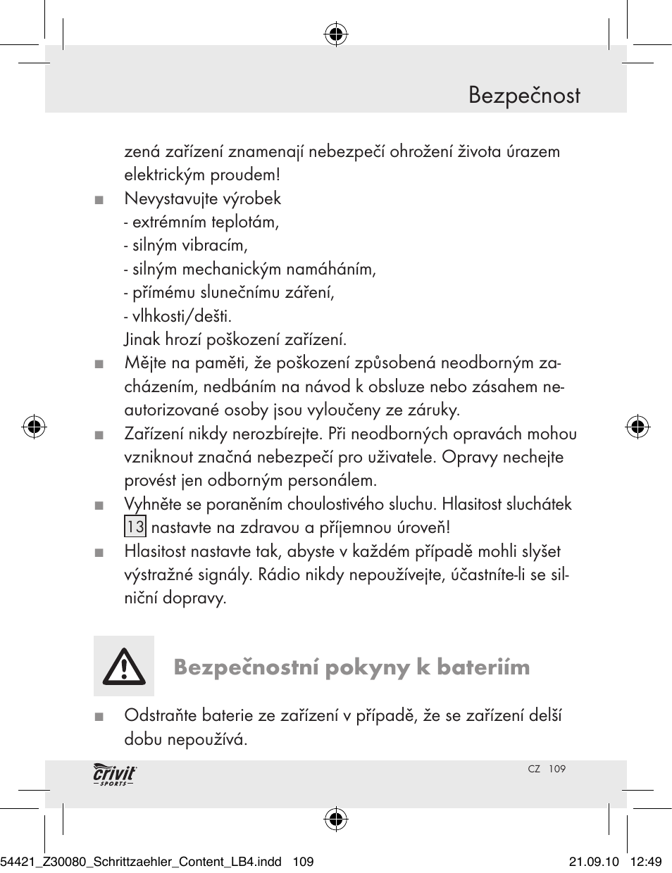 Bezpečnost, Bezpečnostní pokyny k bateriím | Crivit Z30080 User Manual | Page 107 / 147