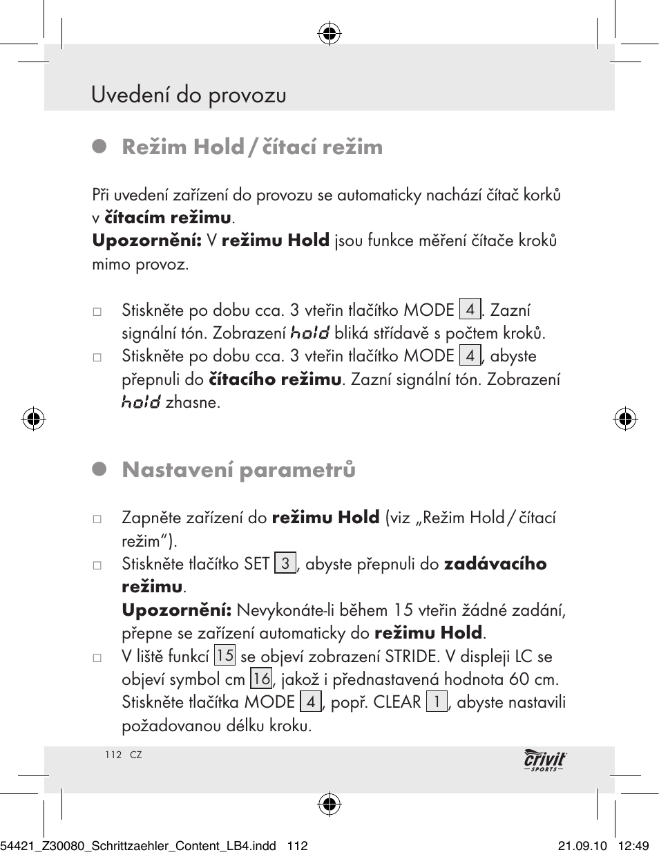 Uvedení do provozu, Režim hold / čítací režim, Nastavení parametrů | Crivit Z30080 User Manual | Page 110 / 147