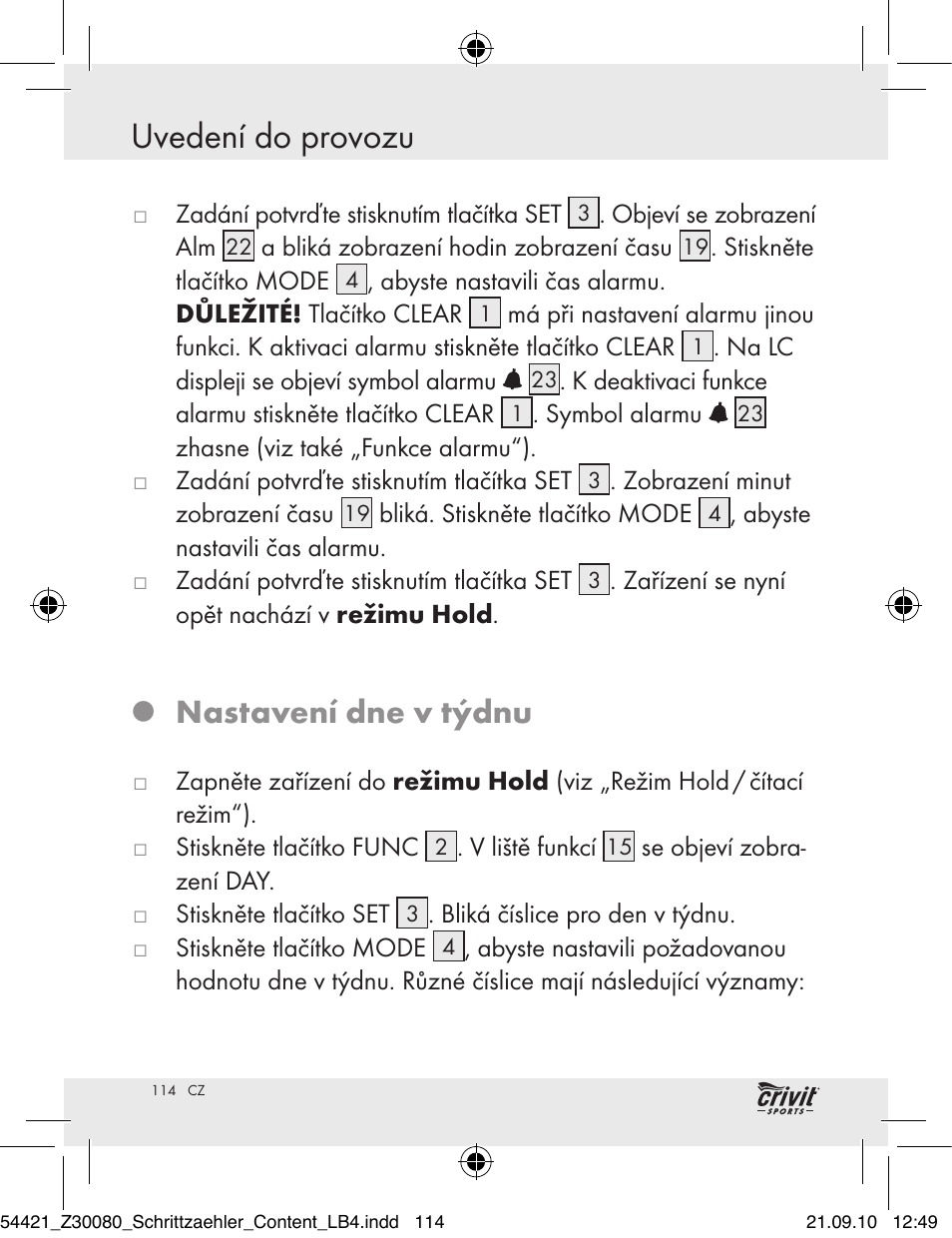 Uvedení do provozu, Nastavení dne v týdnu | Crivit Z30080 User Manual | Page 112 / 147