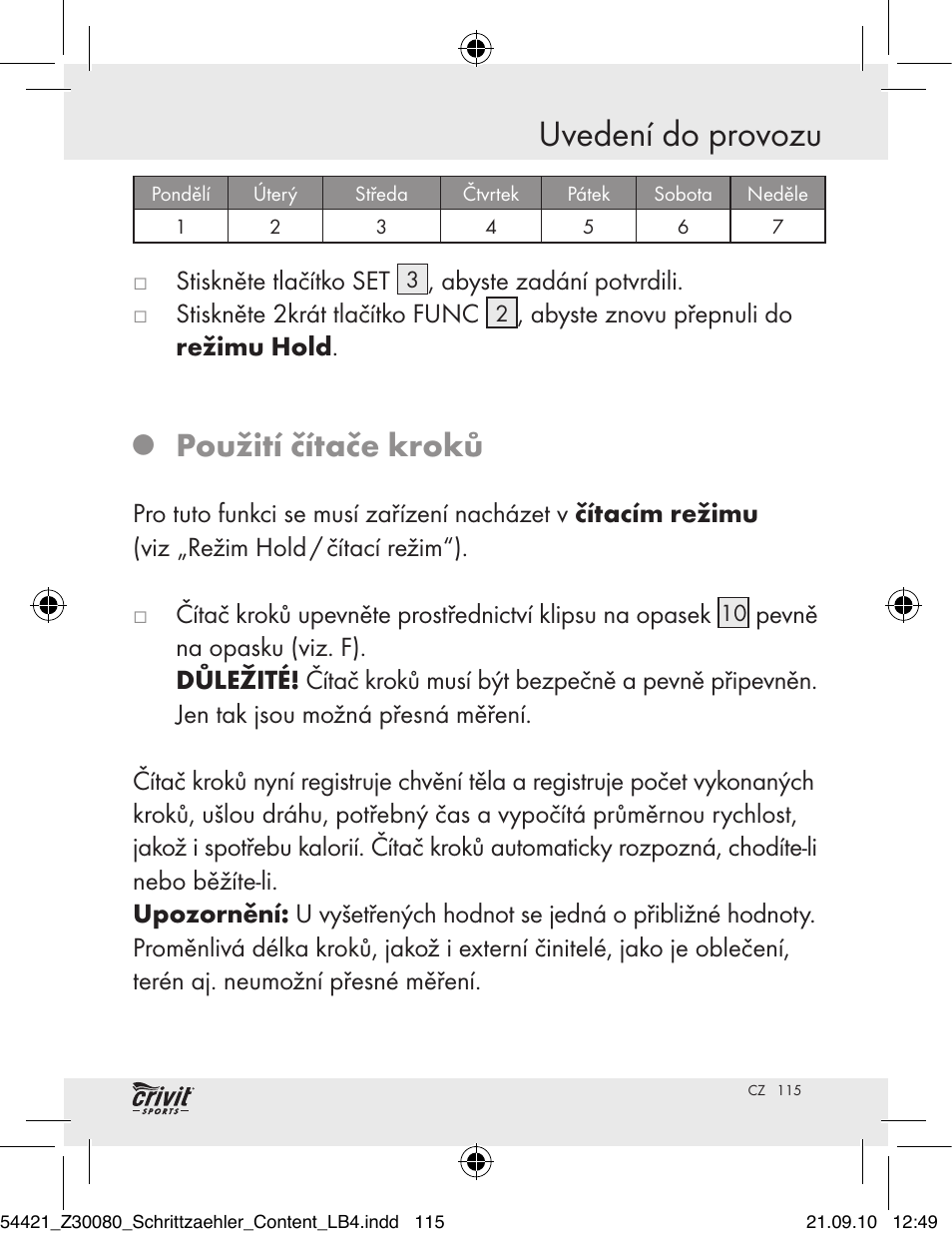 Uvedení do provozu, Použití čítače kroků | Crivit Z30080 User Manual | Page 113 / 147