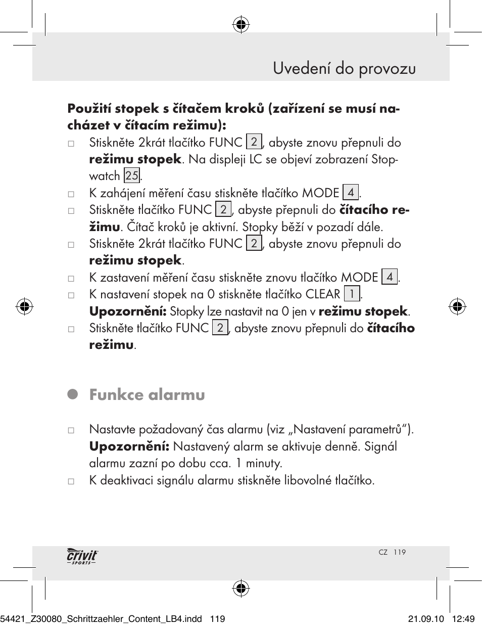 Uvedení do provozu, Funkce alarmu | Crivit Z30080 User Manual | Page 117 / 147