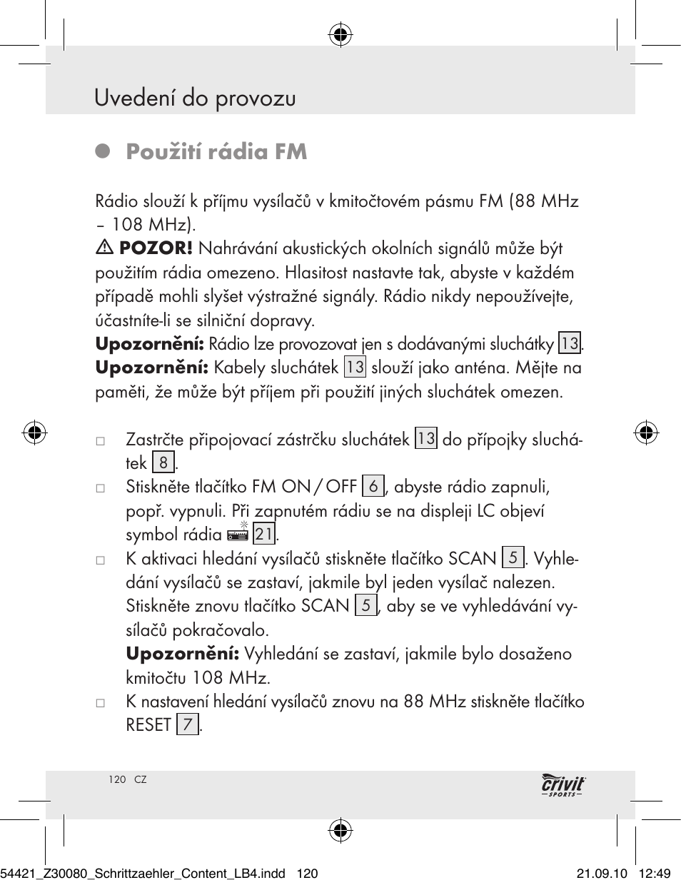 Uvedení do provozu, Použití rádia fm | Crivit Z30080 User Manual | Page 118 / 147