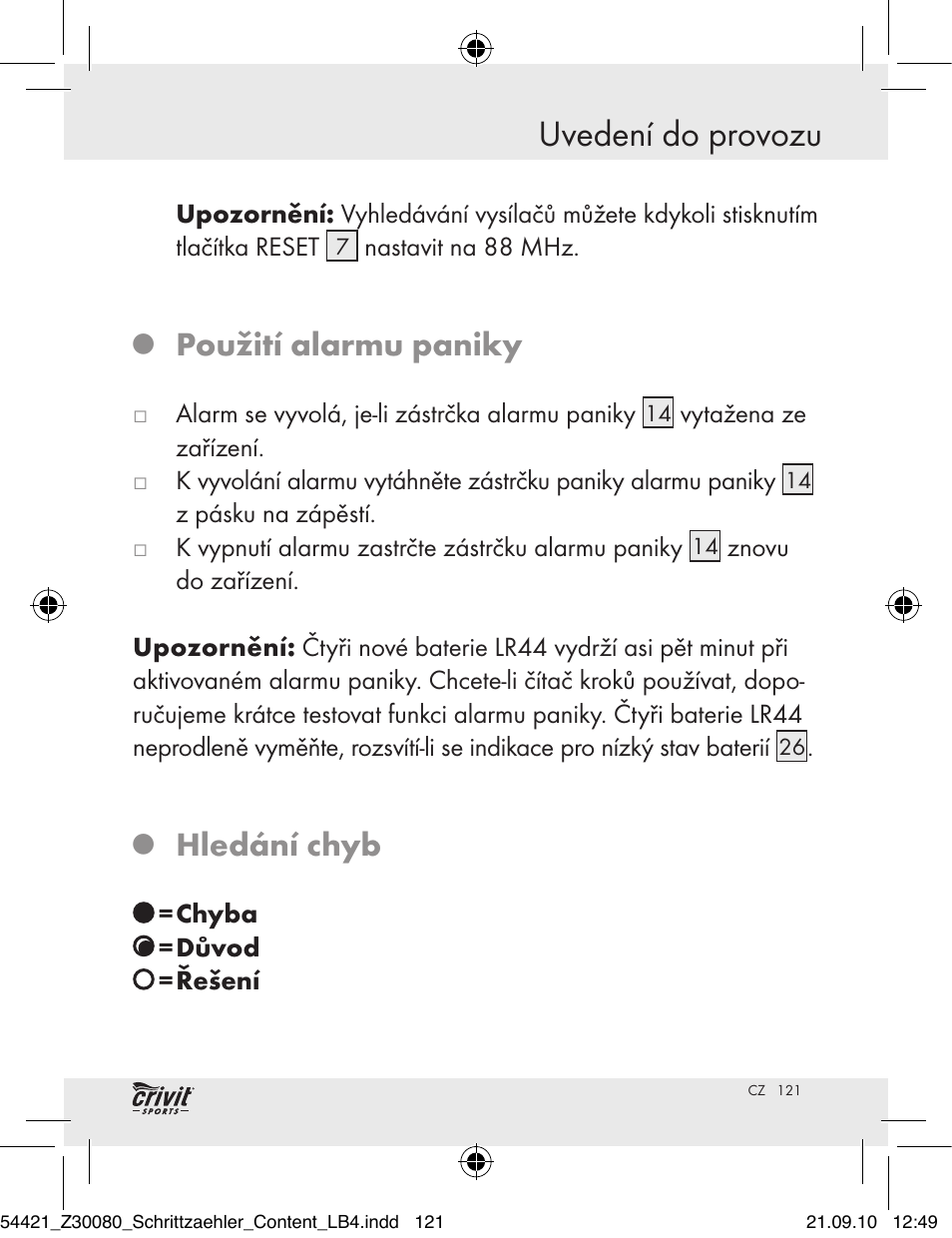 Uvedení do provozu, Použití alarmu paniky, Hledání chyb | Crivit Z30080 User Manual | Page 119 / 147