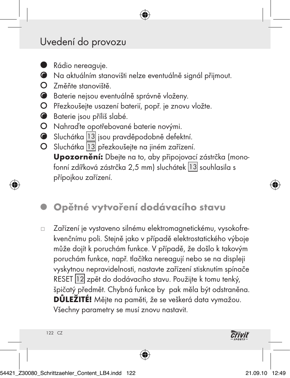Uvedení do provozu, Opětné vytvoření dodávacího stavu | Crivit Z30080 User Manual | Page 120 / 147