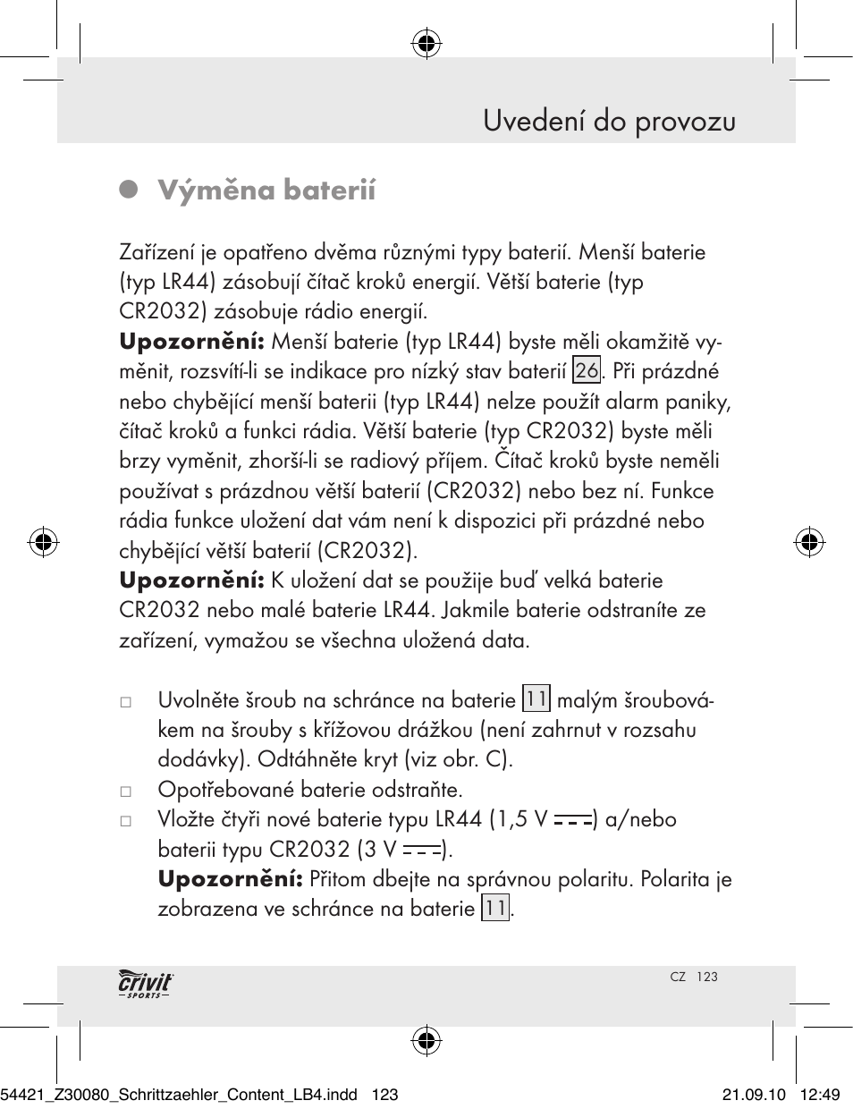 Uvedení do provozu, Výměna baterií | Crivit Z30080 User Manual | Page 121 / 147