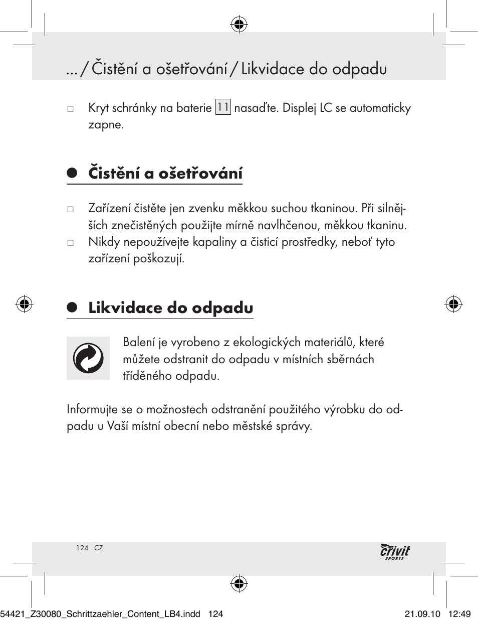 Čistění a ošetřování / likvidace do odpadu, Čistění a ošetřování, Likvidace do odpadu | Crivit Z30080 User Manual | Page 122 / 147