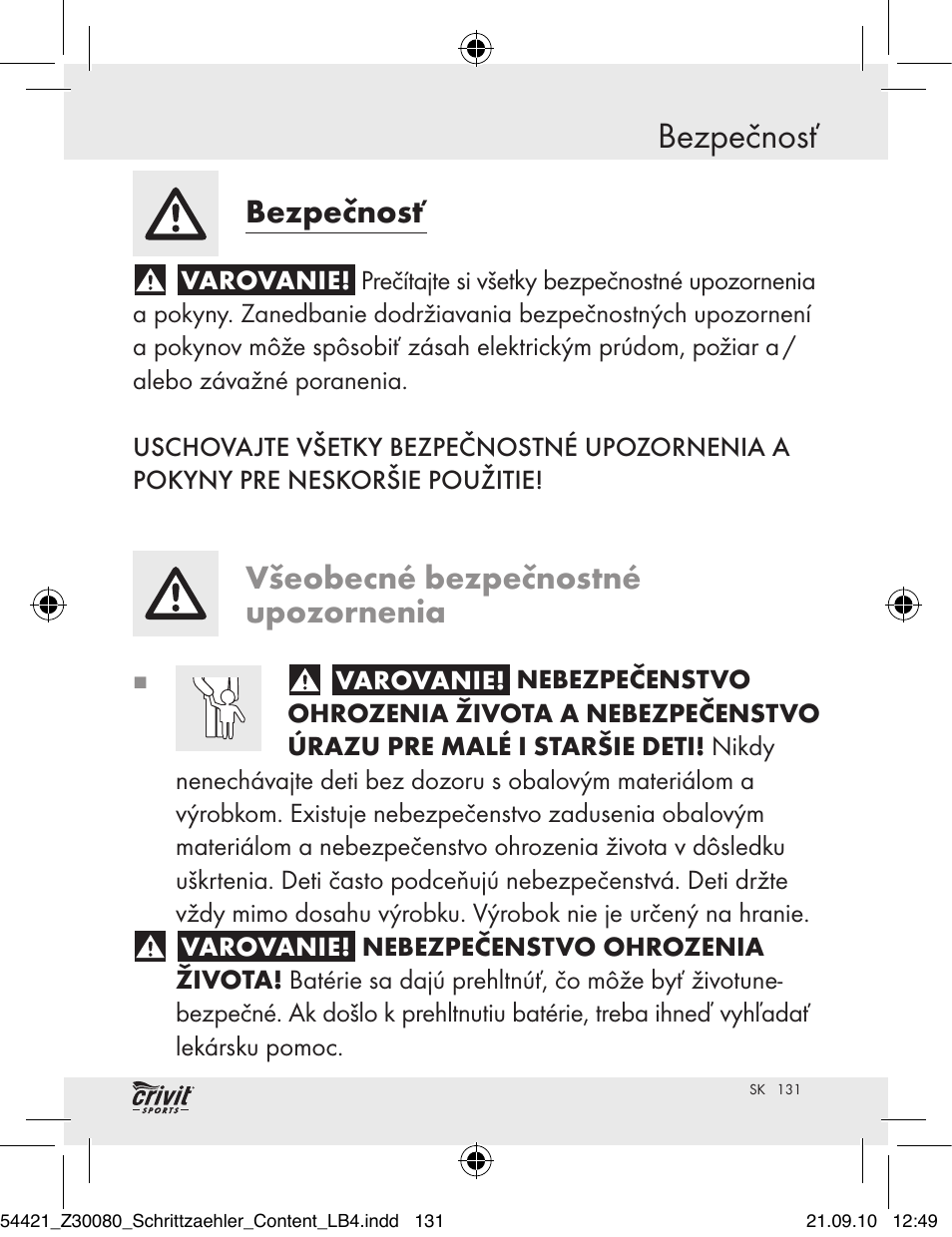 Bezpečnosť, Všeobecné bezpečnostné upozornenia | Crivit Z30080 User Manual | Page 129 / 147