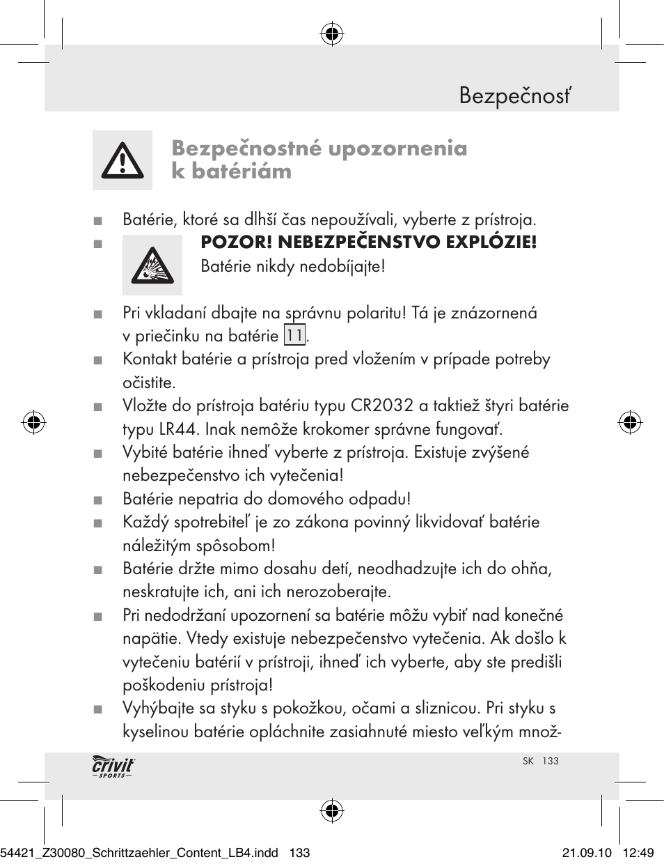 Bezpečnosť, Bezpečnostné upozornenia k batériám | Crivit Z30080 User Manual | Page 131 / 147