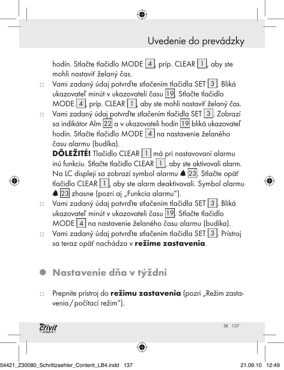 Uvedenie do prevádzky, Nastavenie dňa v týždni | Crivit Z30080 User Manual | Page 135 / 147