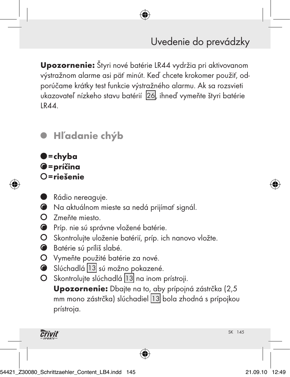 Uvedenie do prevádzky, Hľadanie chýb | Crivit Z30080 User Manual | Page 143 / 147