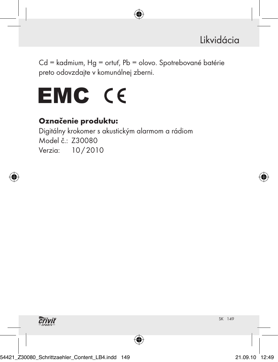 Likvidácia | Crivit Z30080 User Manual | Page 147 / 147