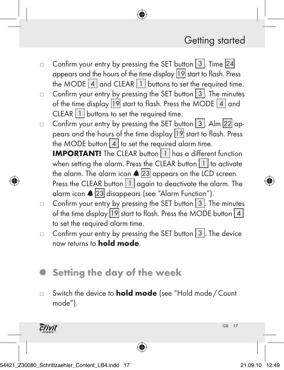 Getting started, Setting the day of the week | Crivit Z30080 User Manual | Page 15 / 147