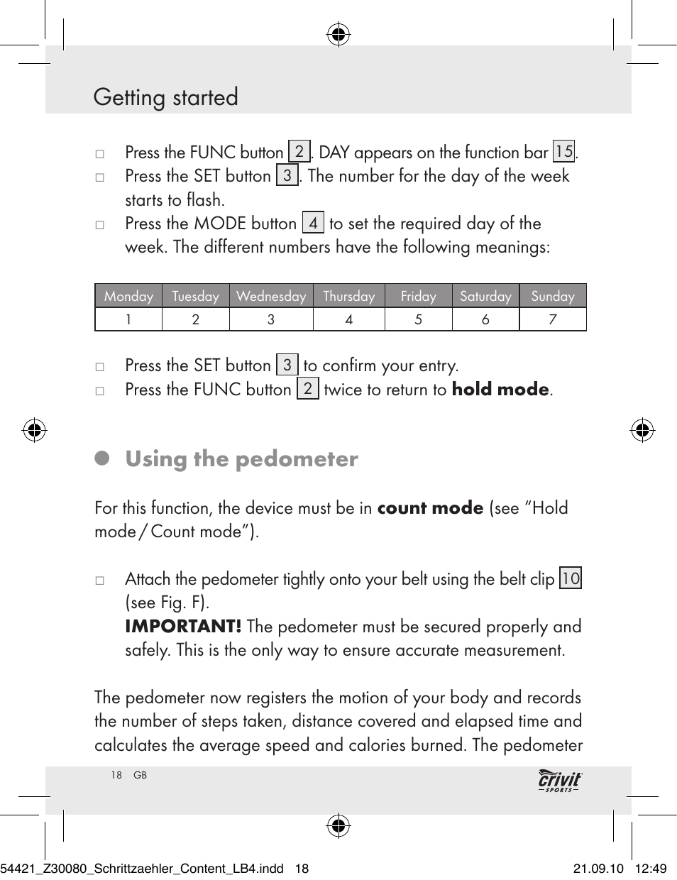 Getting started, Using the pedometer | Crivit Z30080 User Manual | Page 16 / 147