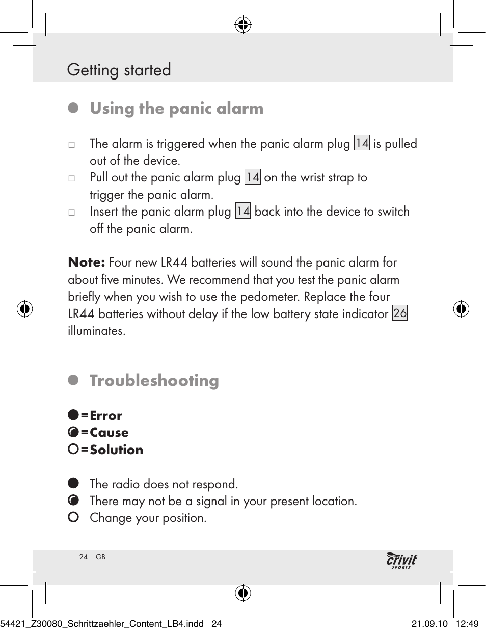 Getting started, Using the panic alarm, Troubleshooting | Crivit Z30080 User Manual | Page 22 / 147