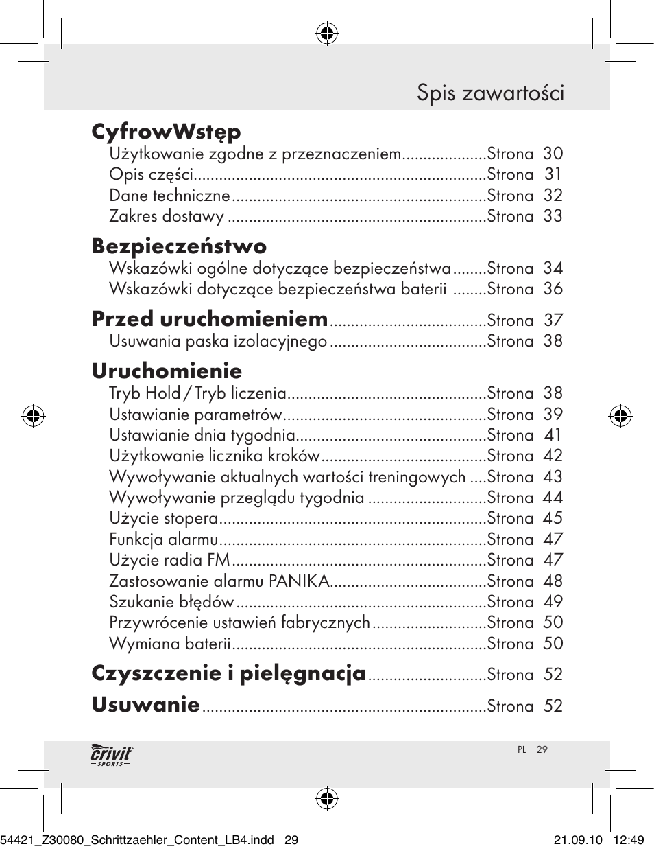 Spis zawartości, Cyfrowwstęp, Bezpieczeństwo | Przed uruchomieniem, Uruchomienie, Czyszczenie i pielęgnacja, Usuwanie | Crivit Z30080 User Manual | Page 27 / 147
