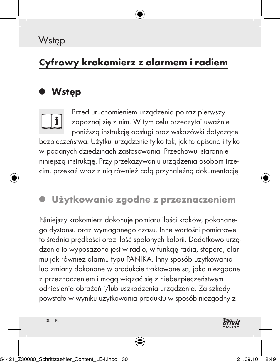 Wstęp, Cyfrowy krokomierz z alarmem i radiem, Użytkowanie zgodne z przeznaczeniem | Crivit Z30080 User Manual | Page 28 / 147