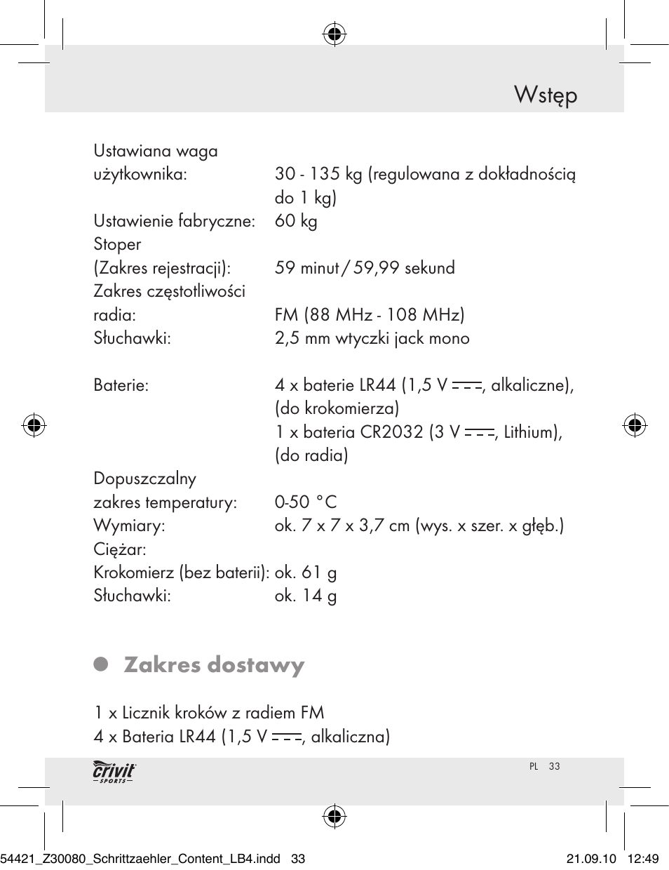 Wstęp, Zakres dostawy | Crivit Z30080 User Manual | Page 31 / 147